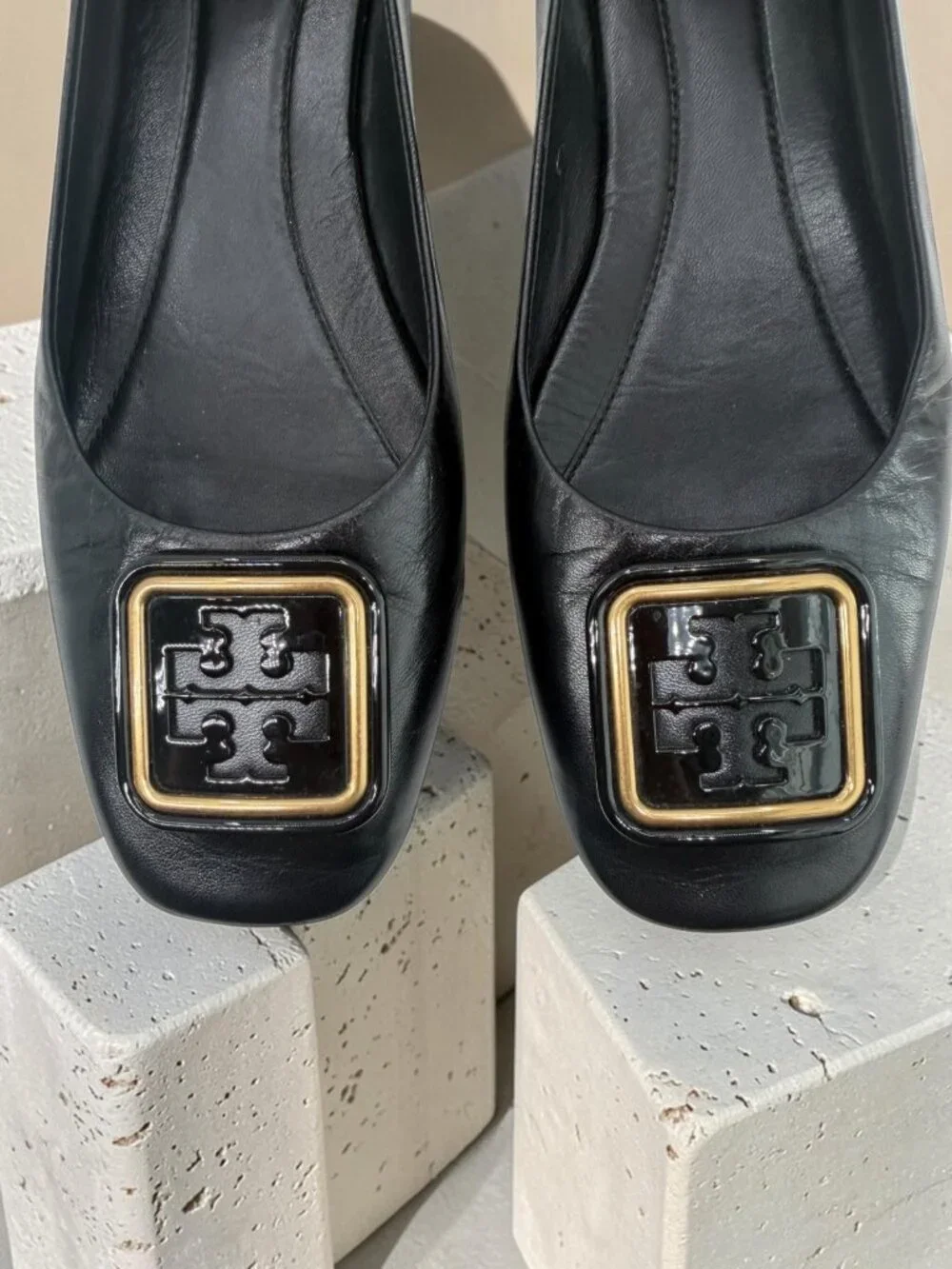 Tory Burch Black Leather Square Logo Plating Ballerina Flats 9